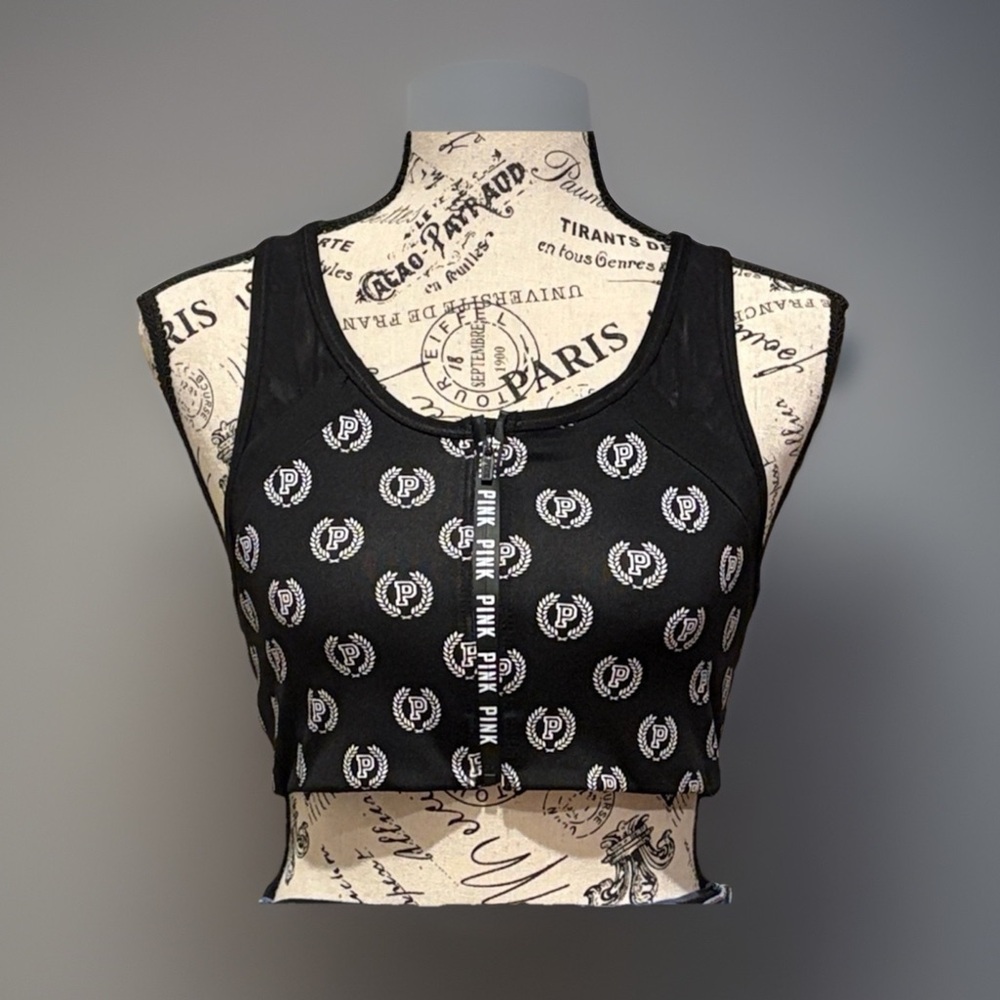 PINK Victoria's Secret Top Crop/Bralette/Sports Ultimate Black Patterned Large
